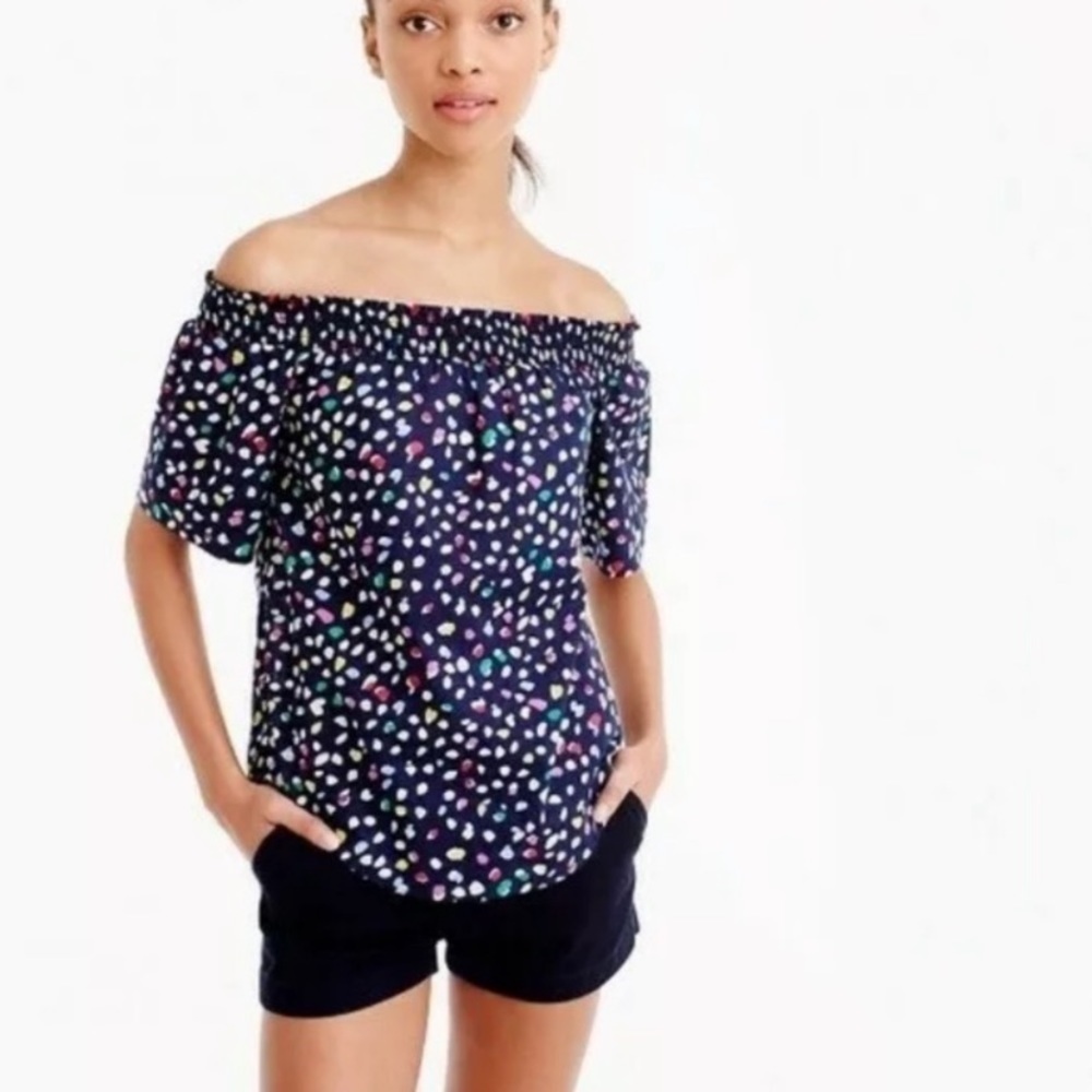 J. Crew Smocked Neck Off the Shoulder Top in Ratti Happy Cat Rainbow Spot Print